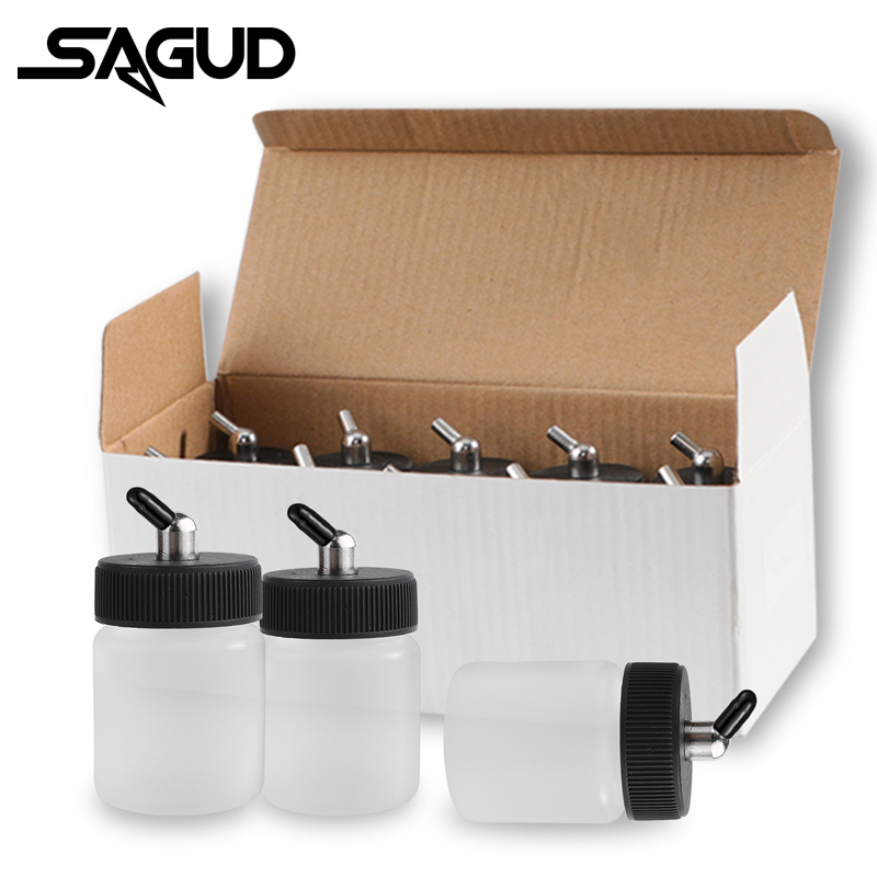 SAGUD Juego de botellas de aerógrafo con tarro de plástico de 10 piezas 30 ° /60 ° Adaptador de ángulo inferior con cubiertas de tapa de tarro para aerógrafos de acción simple/doble