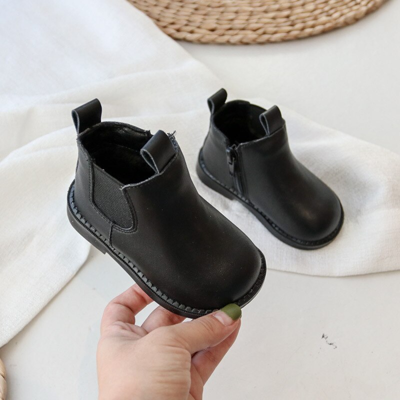 Zapatos de suela blanda para niña, botas cortas para bebé de 1 a 2 años, zapatos acolchados de algodón de felpa para niño, botas de cuero negro: 5