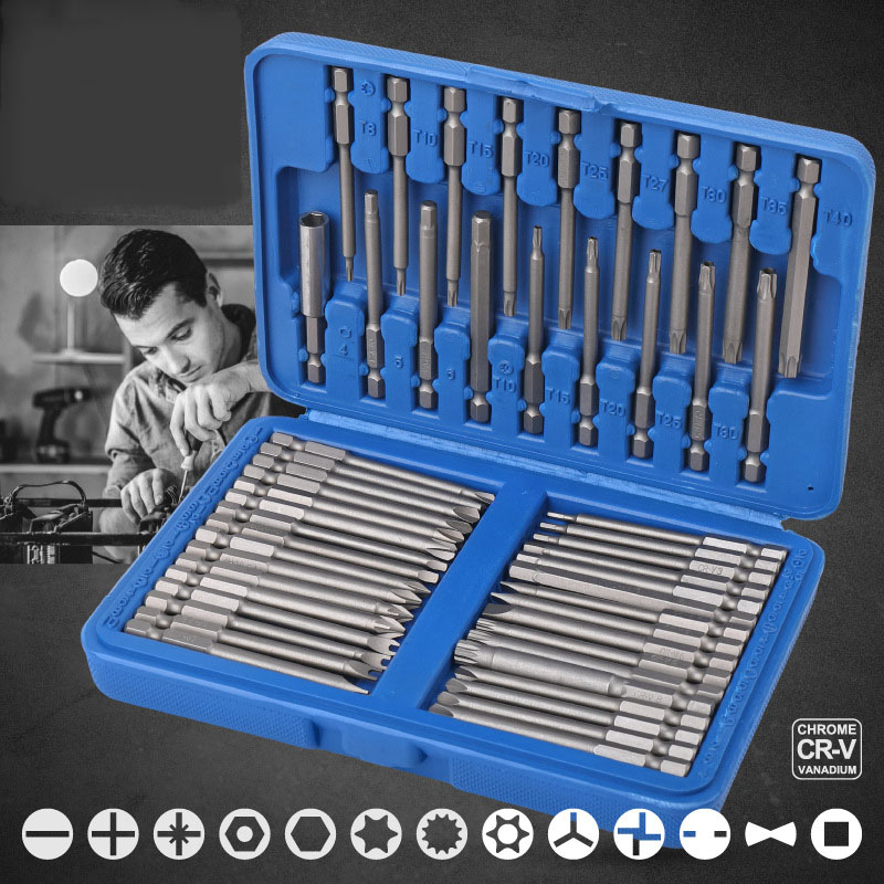 36/50pc 75mm Extra Long Magnetic Screwdriver Bit Set Security Head 1/4 Screwdriver Bits Kit Torx Star Hex Spline Bit Set