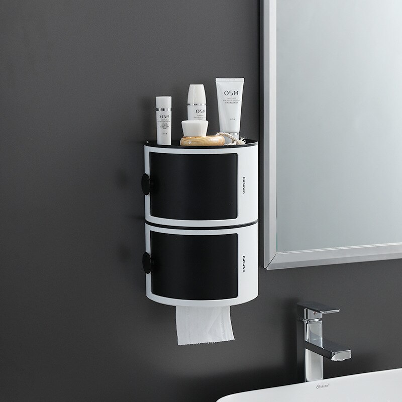 Stabelbar bærbar toiletpapirholder vægmonteret toiletpapirrulleholder køkken badeværelse tissuekasse opbevaringsboks arrangør: Sort 2