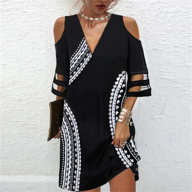 Frauen Weg Von Der Schulter Kleider Mesh Spleißen Halbe Hülse V-ausschnitt Pullover Kleid Eleganten Druck Weibliche Büro Pendler Kleid