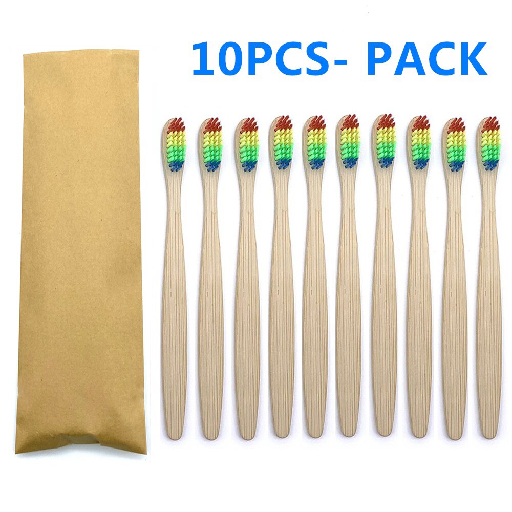 Bamboo Toothbrush Wooden Handle Brush Eco Friendly Tooth Brush Head Cover Oral Care Cleaning Tools Soft Fibre Rainbow Color: 10PCS Rainbow Color