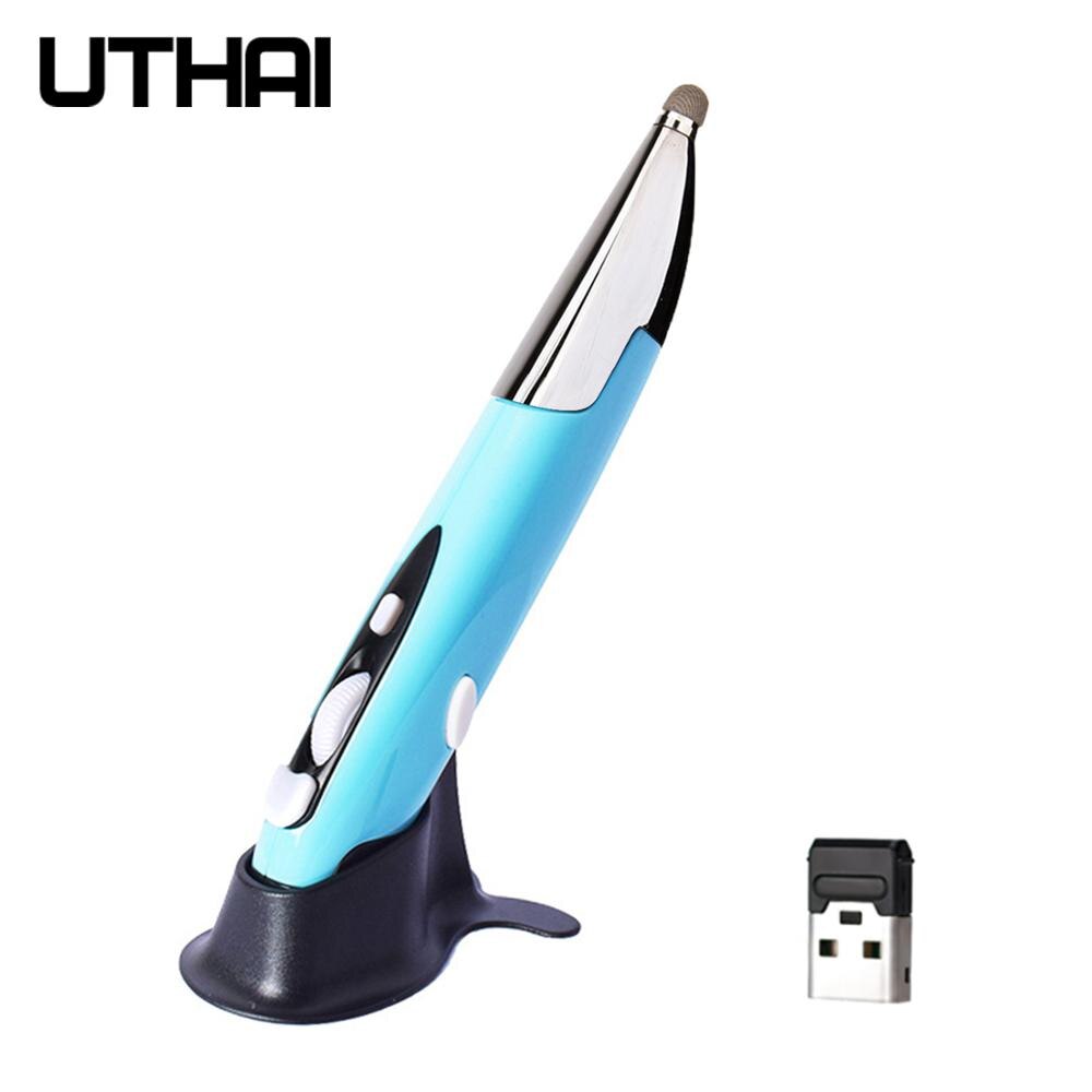 Uthai DB32 Usb Capacitieve Pen _ 2.4G Draadloze Muis Pen Persoonlijkheid Creatieve Verticale Pen Vorm Computer Stylus Batterij Muis: blue