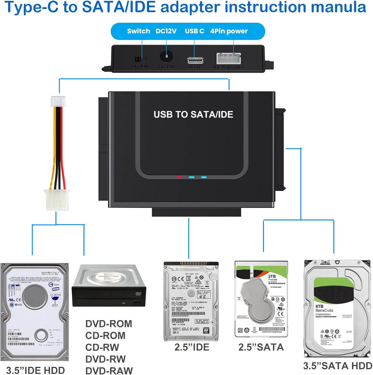 adapter SATA/IDE na USB 3.0 adapter dysku twardego Konwerter robić uniwersalnego dysku twardego IDE SATA HDD SSD 2,5/3,5 cala z zasilaczem 12V 2A