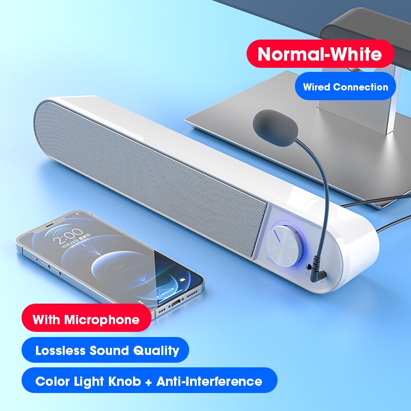 Bluetooth Computer Speaker Bar Wireless Speakers Mic Microphone HiFi Stereo Subwoofer Wired For Laptop PC Aux 3.5mm Loudspeaker: Wired White-Mic