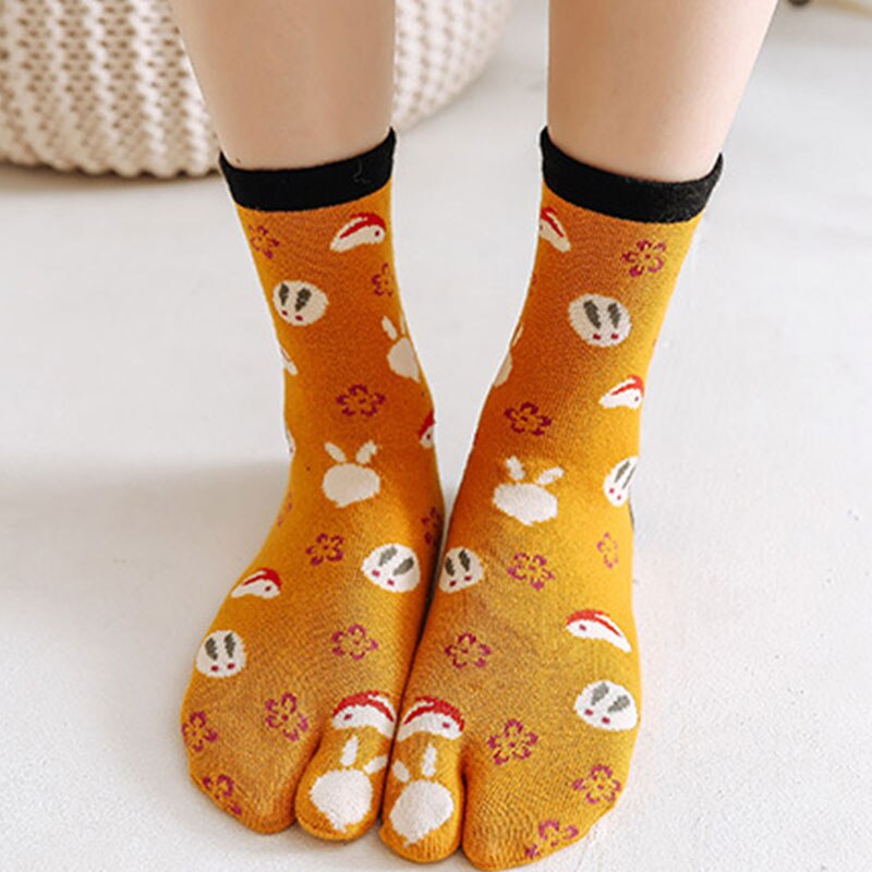 Tongs Kimono en coton à deux orteils pour femmes, chaussettes de sandales Tabi, chaussettes à orteils fendus, Tube central Animal de dessin animé