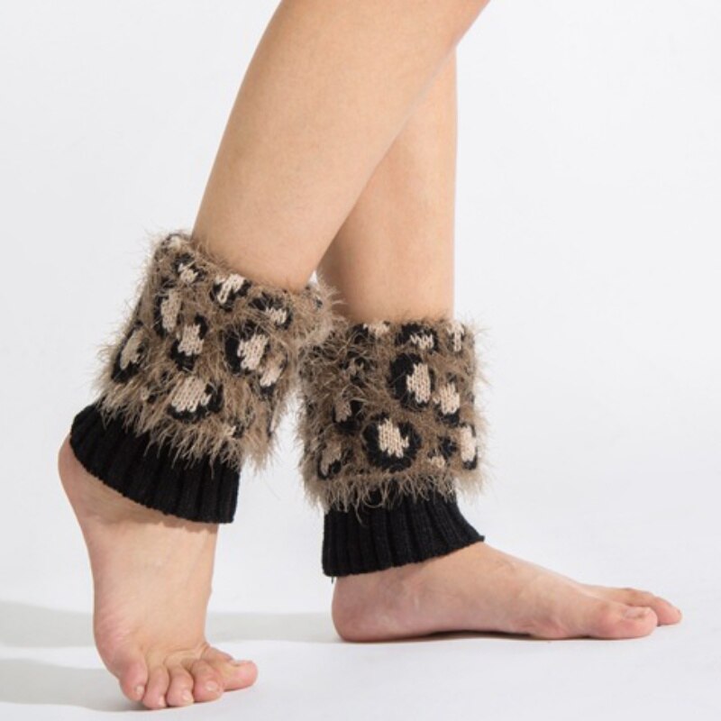 Luipaard Beenwarmers Vrouwen Patchwork Thermische Acryl Gebreide Boot Manchetten Sokken Cover Schoen Accessoires