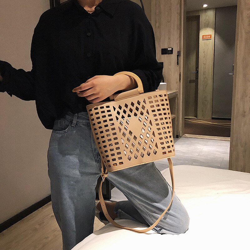 DIGERUI femmes sacs sacs à main évider plage sac Bolsa Feminina bois poignée fourre-tout sac à bandoulière en cuir synthétique polyuréthane sacs à main