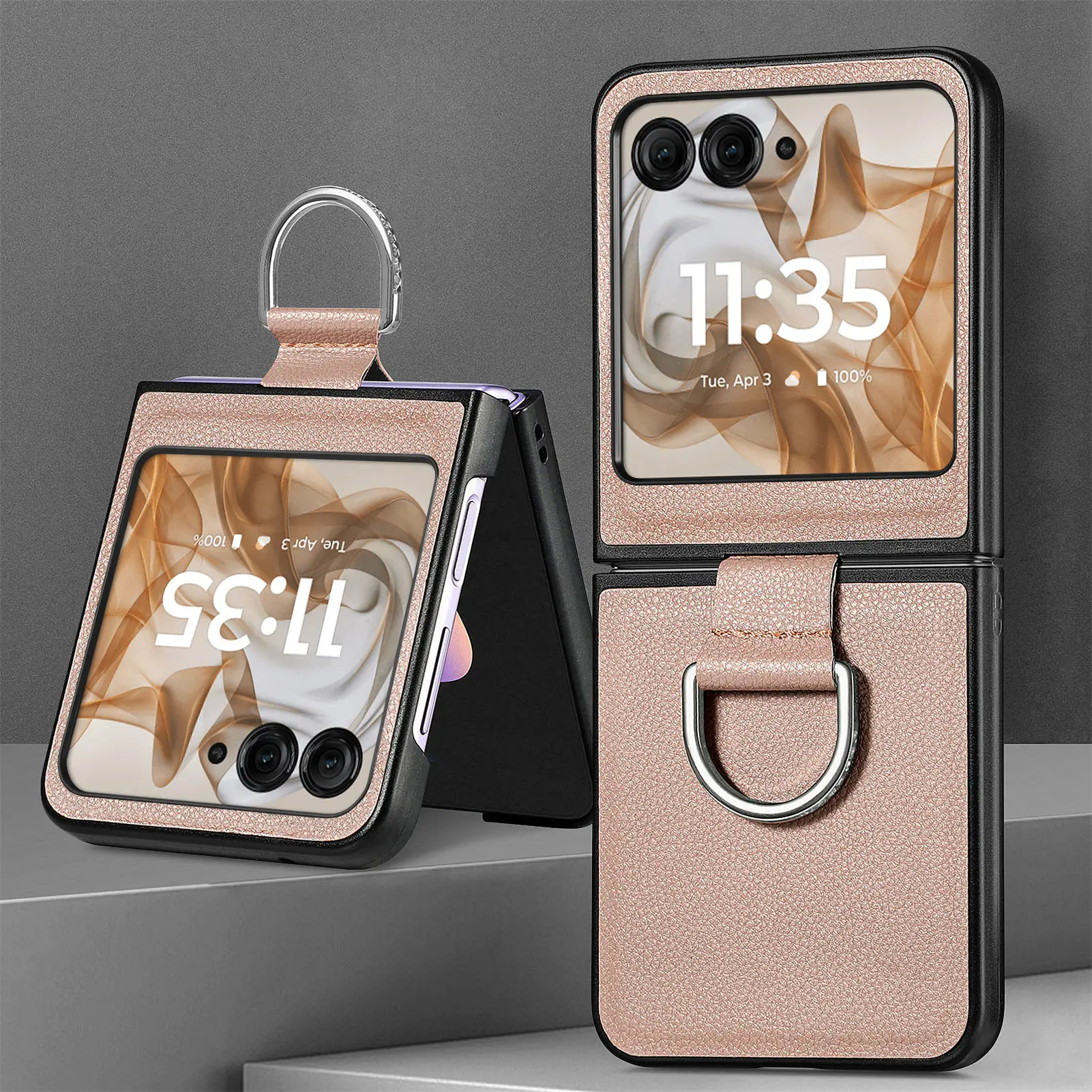 Capa de telefone luxuosa de couro pu para motorola moto razr 60 50 40 ultra com anel padrão de lichia pu tela dobrável capa protetora traseira