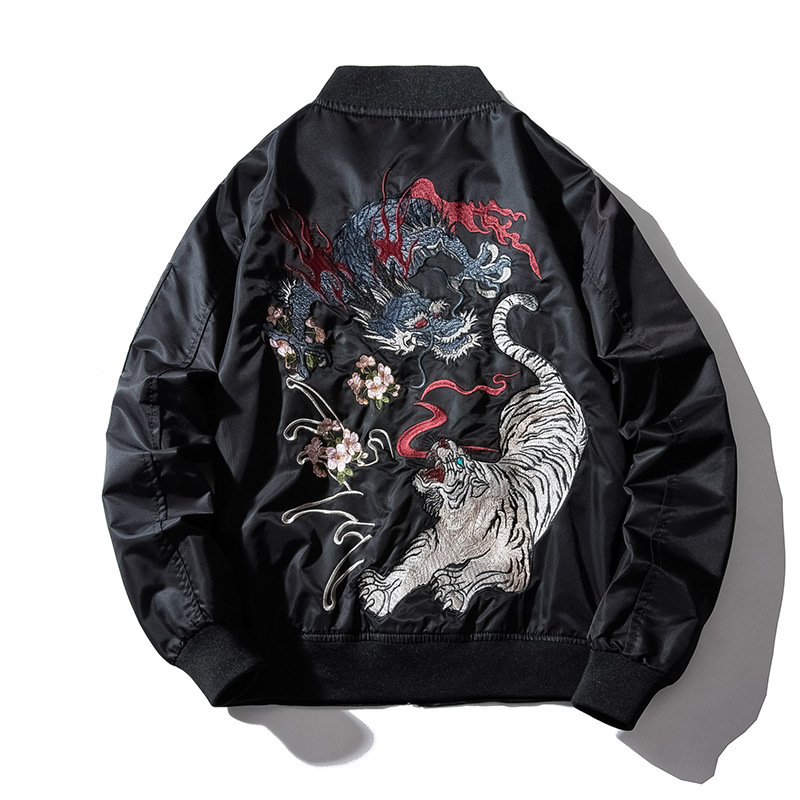 Chaqueta Bomber bordada para hombre, chaqueta de piloto de Dragon Tiger, Hip Hop, béisbol japonés, ropa de calle para jóvenes, otoño e invierno, 2022: S / Black thin