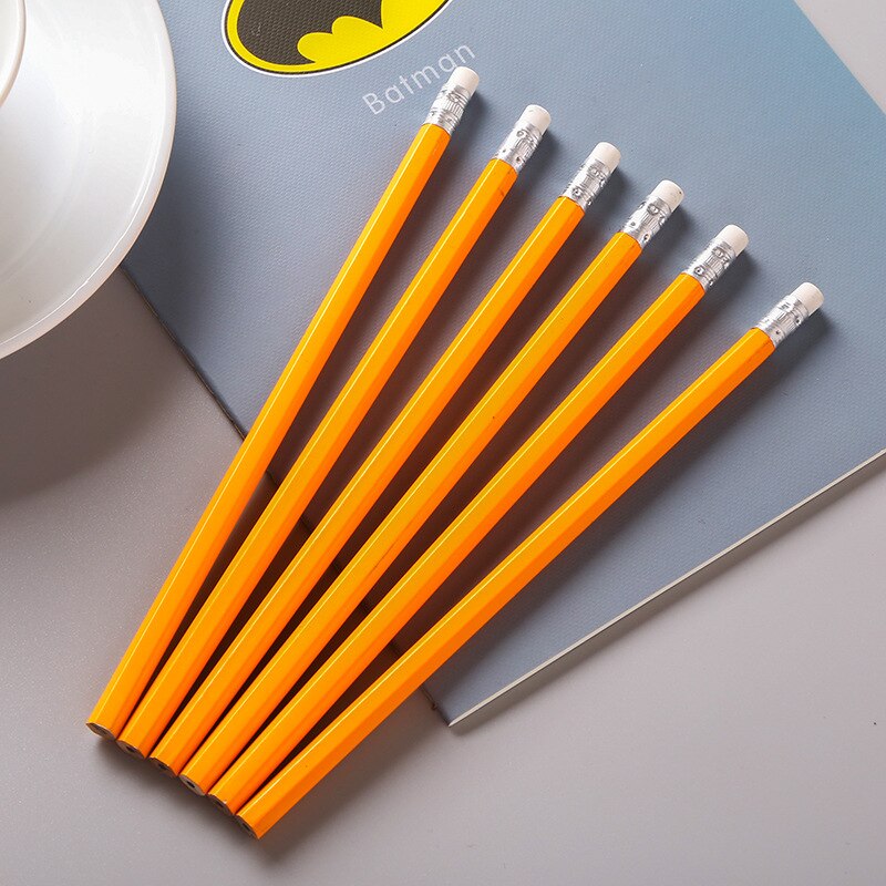 6 Pcs Simple wood pencil wood HB Core pencil white rubber pencil Student school pencil