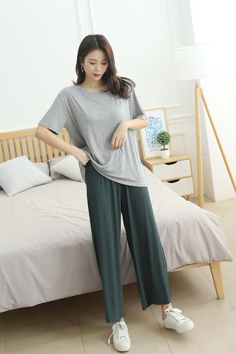 Plus size lösa fritidstoppar kvinnors vår- och sommarkostymer stil dampyjamas kortärmade pyjamasset: Beige / Xxl