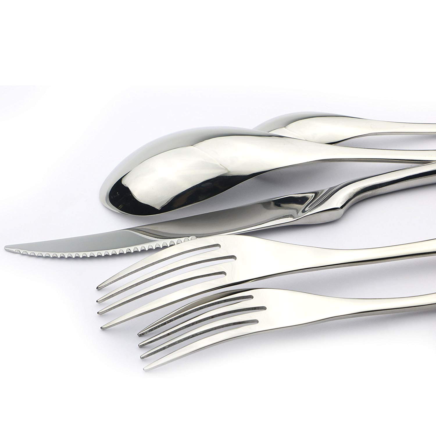 JANKNG 5-Pcs Silver Flatware Set 18/10 Stainless Steel Gold Dinnerware Serrated Knife Fork Spoon Cutlery Food Tableware