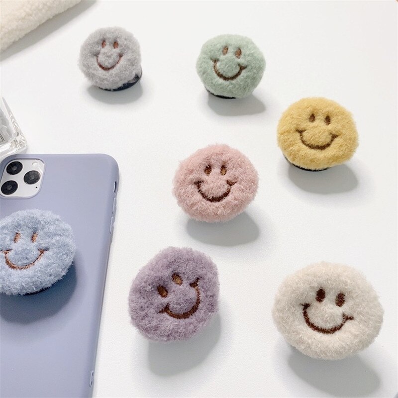 Cute Plush Smile Foldable Mobile Phone Stand Holder for IPhone SE Samsung Note 20 Finger Ring Grip Mobile Phone Holder