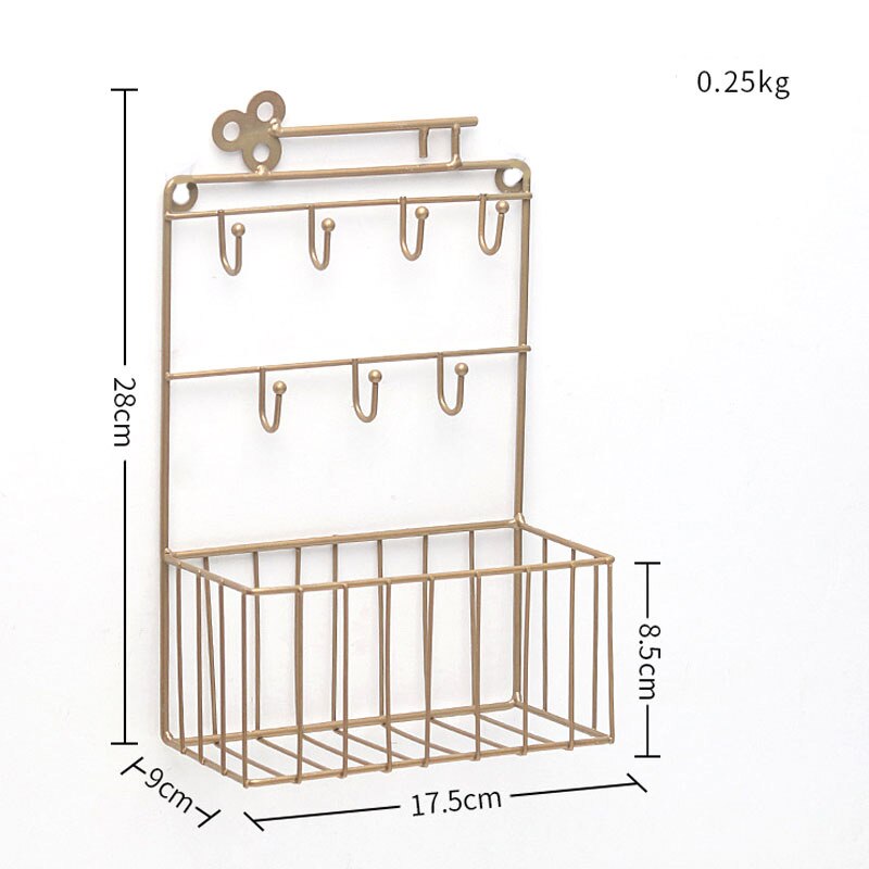 Väggmonterad nyckelhållare 7 krokar hängande ficka brev post förvaring korg arrangör hem kök entré hushållerska på vägg: Brons