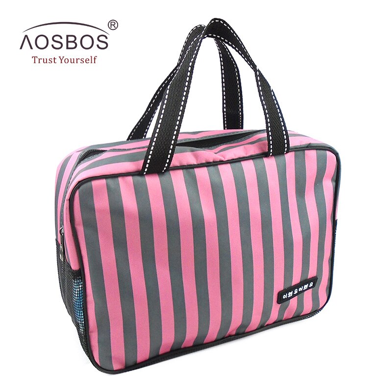 Aosbos Neue Mesh Gestreiften Kosmetik Taschen Große Kapazität Wasserdichte Oxford Toiletten Tasche Tote Frauen Männer Reise Veranstalter Make-Up Tasche: pink grey stripe