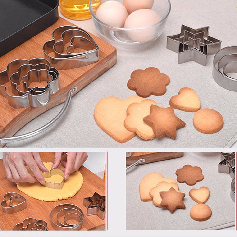 12 stuks Rvs Hart Ronde Star Pruim DIY Cookie Biscuit Mould Cutter Plunger Mold Bakken Decorating Gereedschap Set