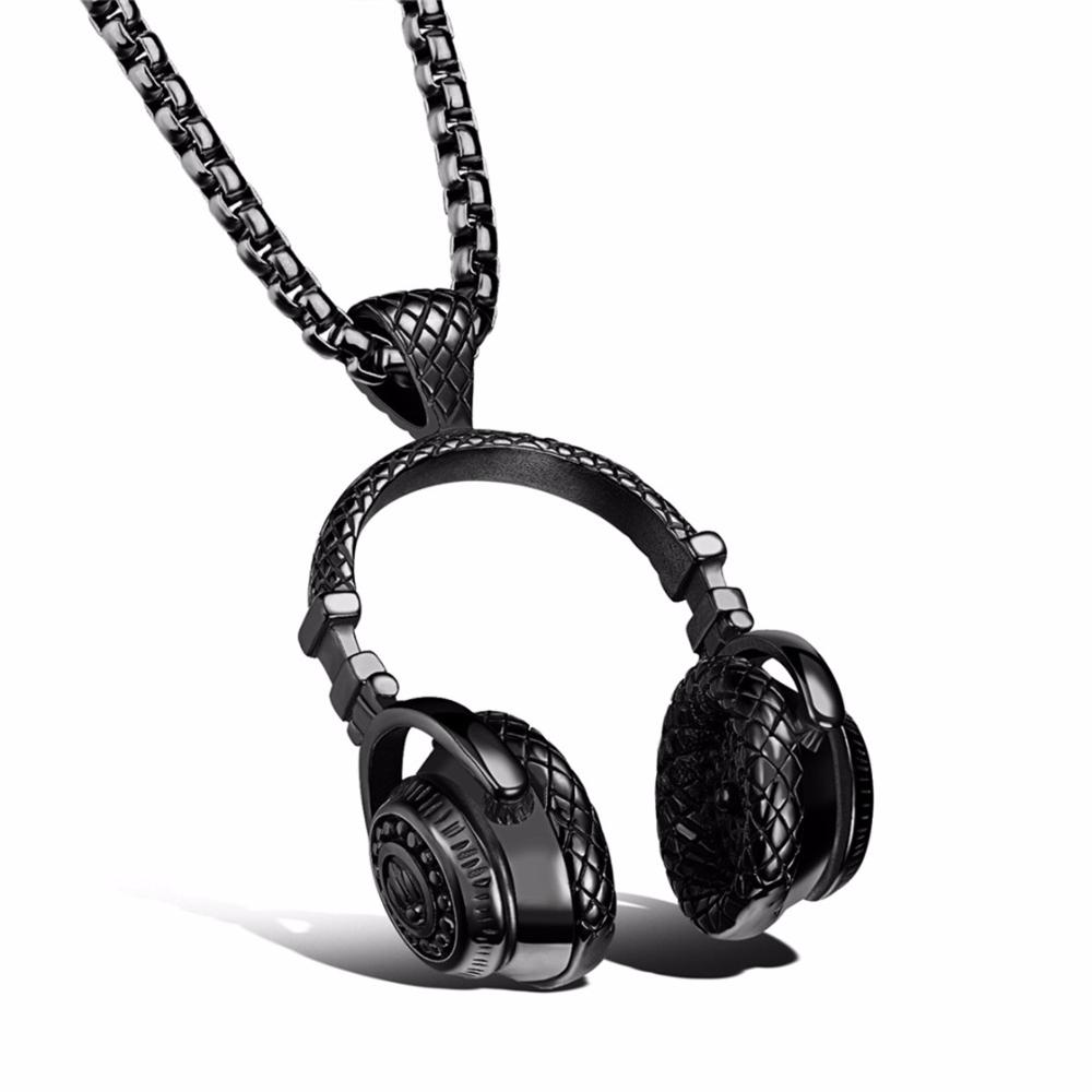 Ilmainen fani dj musiikki kuulokkeet riipus kaulakoru pitkä ketju miehet naiset hip hop korut rock kuulokkeet kaulakoru mies  s110: Musta