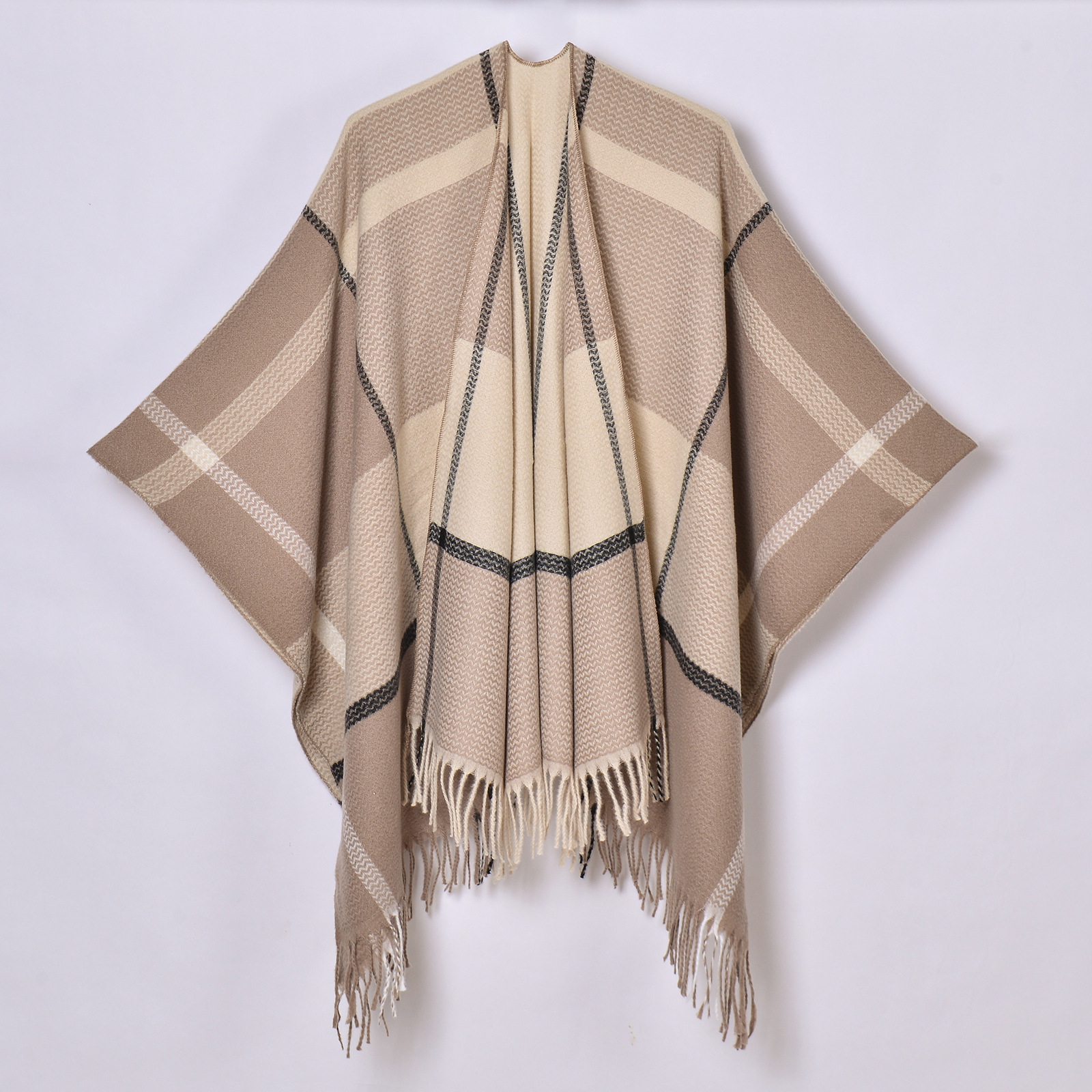 Autumn Winter Warm Tassel Cardigan Poncho Cape Blanket Women Knitted Jacquard Striped Outerwear Shawl Cloak: khaki