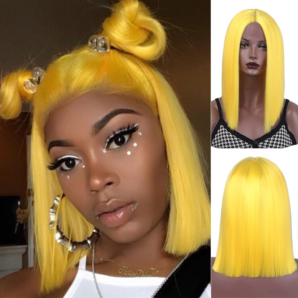 Ik Een Pruik Korte Rechte Synthetische Lace Front Pruik Blonde Roze Zwart Kant Pruiken Voor Zwarte Vrouwen Natuurlijke Pruiken: yellow