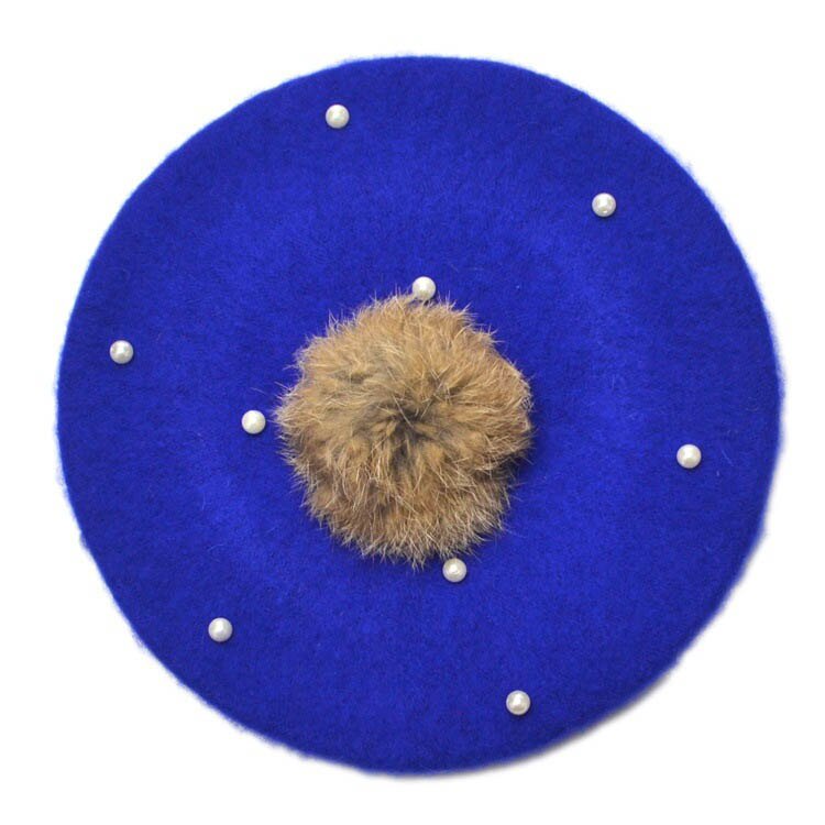 Børn perle kanin pels baret hat til baby piger hue hatte med pompon multicolor: Blå