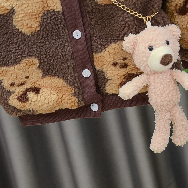 Chaqueta con estampado de oso para niña pequeña, a la abrigo grueso, ropa bonita para mantener el calor, Tops suaves, Otoño e Invierno