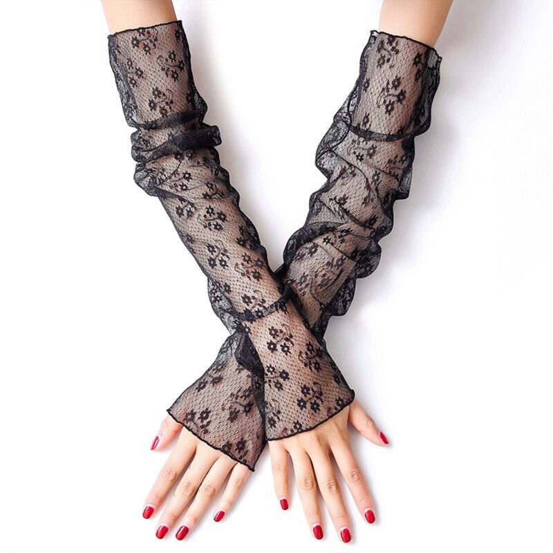 Mangas de protección solar para mujer, manguitos de malla de hielo, guantes de medio Dedo de encaje para ciclismo, manguitos finos para conducir, calentadores de brazo de verano: F