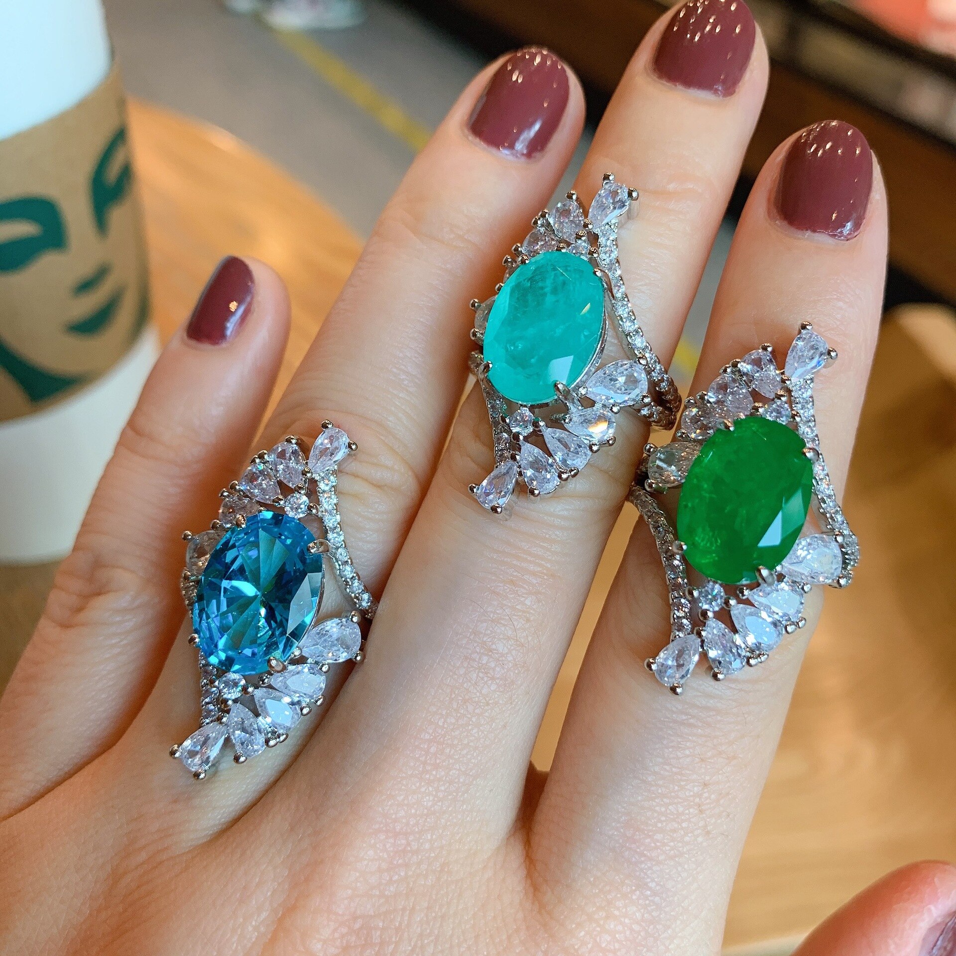 QTT 10x14mm Stone Silver Color Open Ring for Women Bling Retro Paraiba Zirconia Goth Ethnic Jewelry