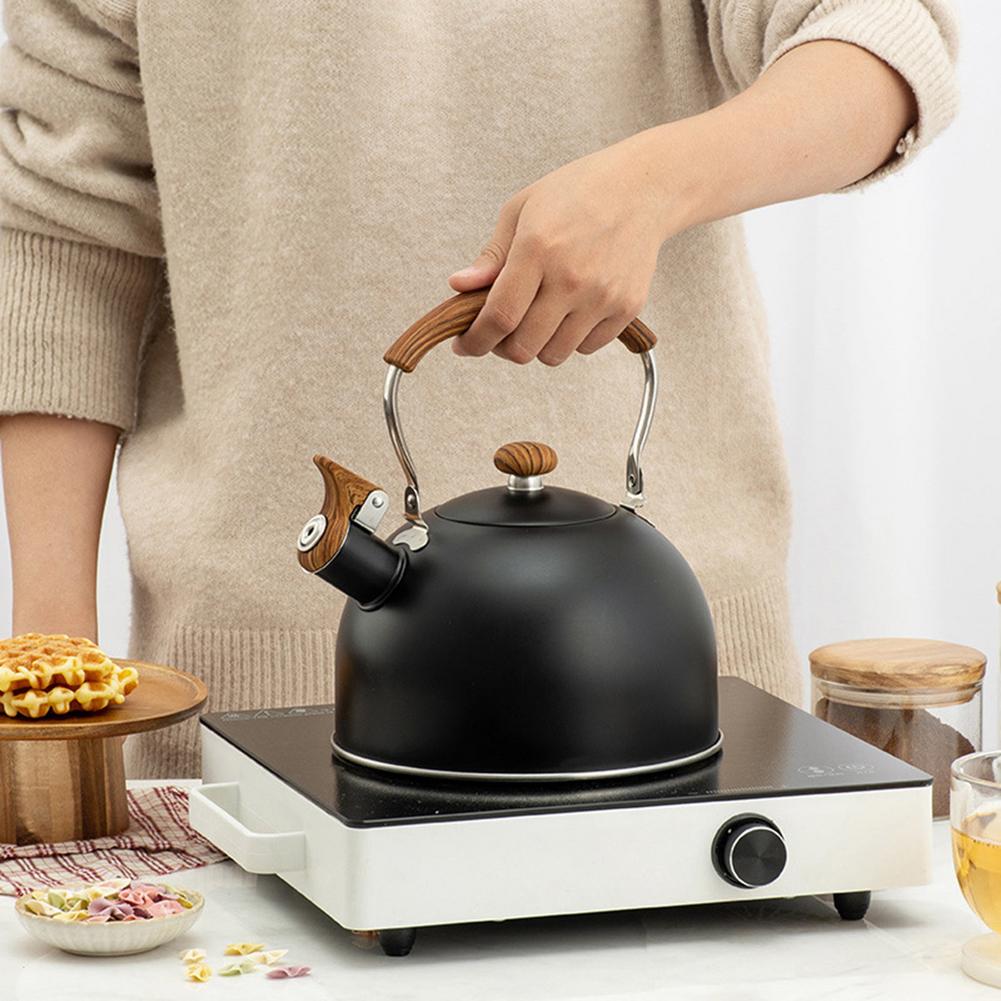 Bouilloire à thé en acier inoxydable 2,5 l, théière à poignée en bois, chaudière à eau classique pour toutes les cuisinières, vert menthe, Beige