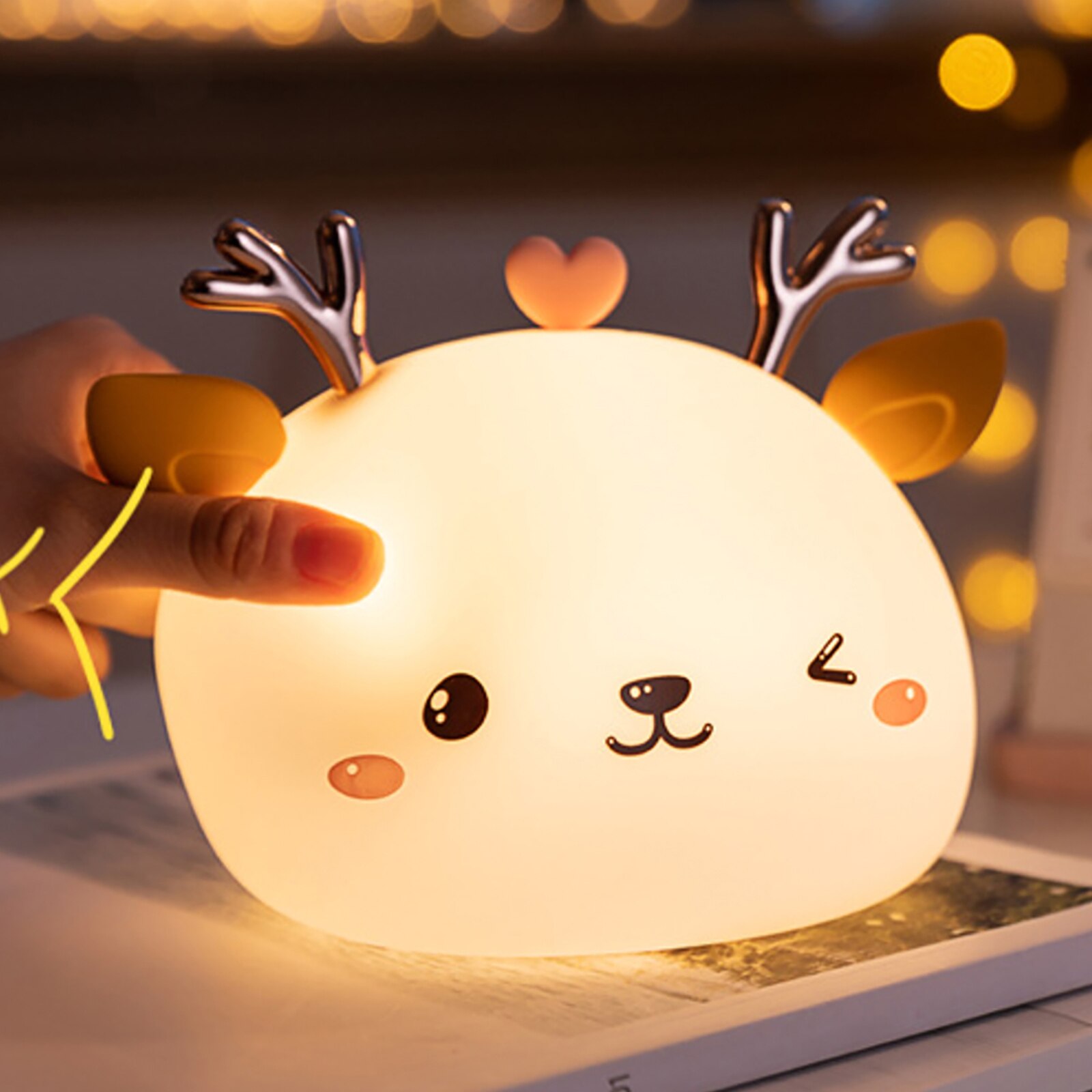 Niedliches LED-nachtlicht mit silikon-touchsensor, 7 farben, hirschmotiv, nachtlampe für kinderzimmer, babyzimmer, schreibtischdekoration, akku, usb-ladefunktion