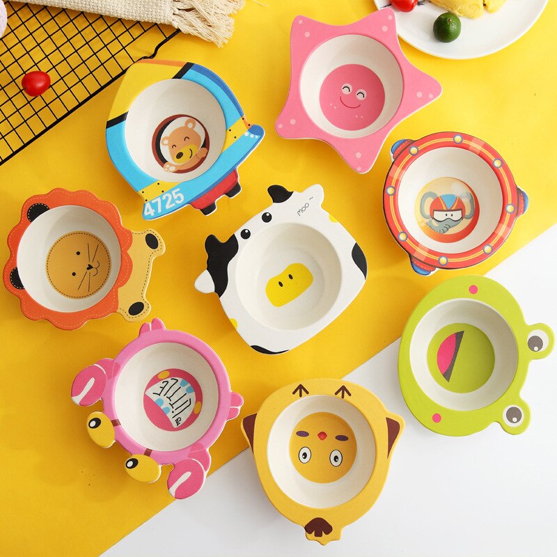 Baby Kids Natural Bamboo Fiber Toddler Children Plates Bowls Cute Animal Baby Infant Portable Cartoon Feeding Dishes Tableware