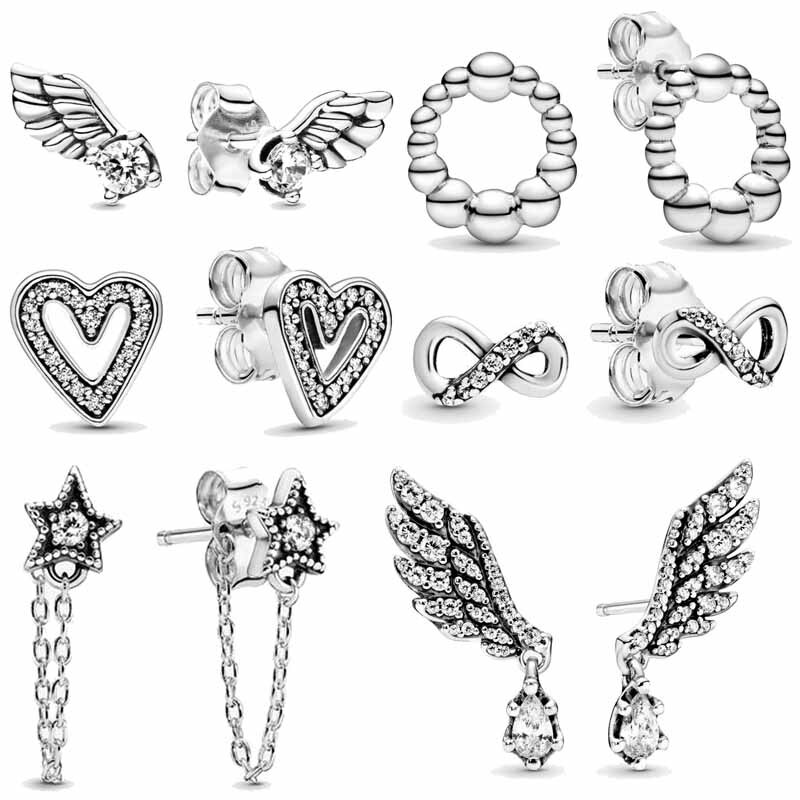 925 Sterling Silver Sparkling Angel Wings Freehand Heart Infinity Beaded Circle pan Earrings For Women Jewelry