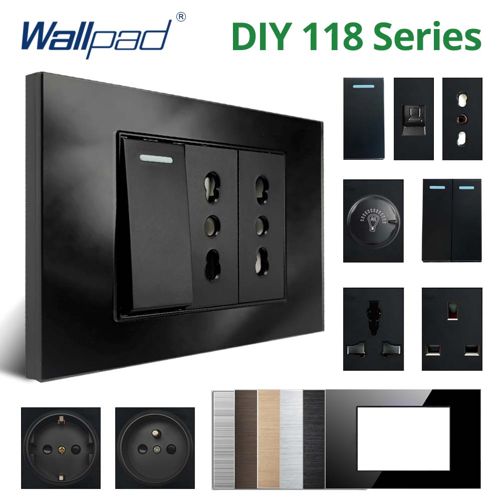 Wallpad DIY Black Tempered Glass Stainless Steel Aluminum Panel Wall Light Switch and Socket 118*75mm Module Frame Only