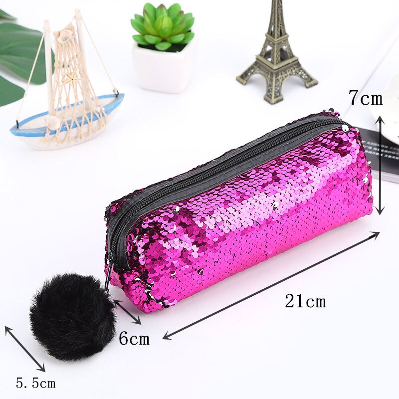 Estuche para lápices con lentejuelas para niñas, material escolar, estuche para lápices con bolas de pelo, caja de lápices Estuche para escolar