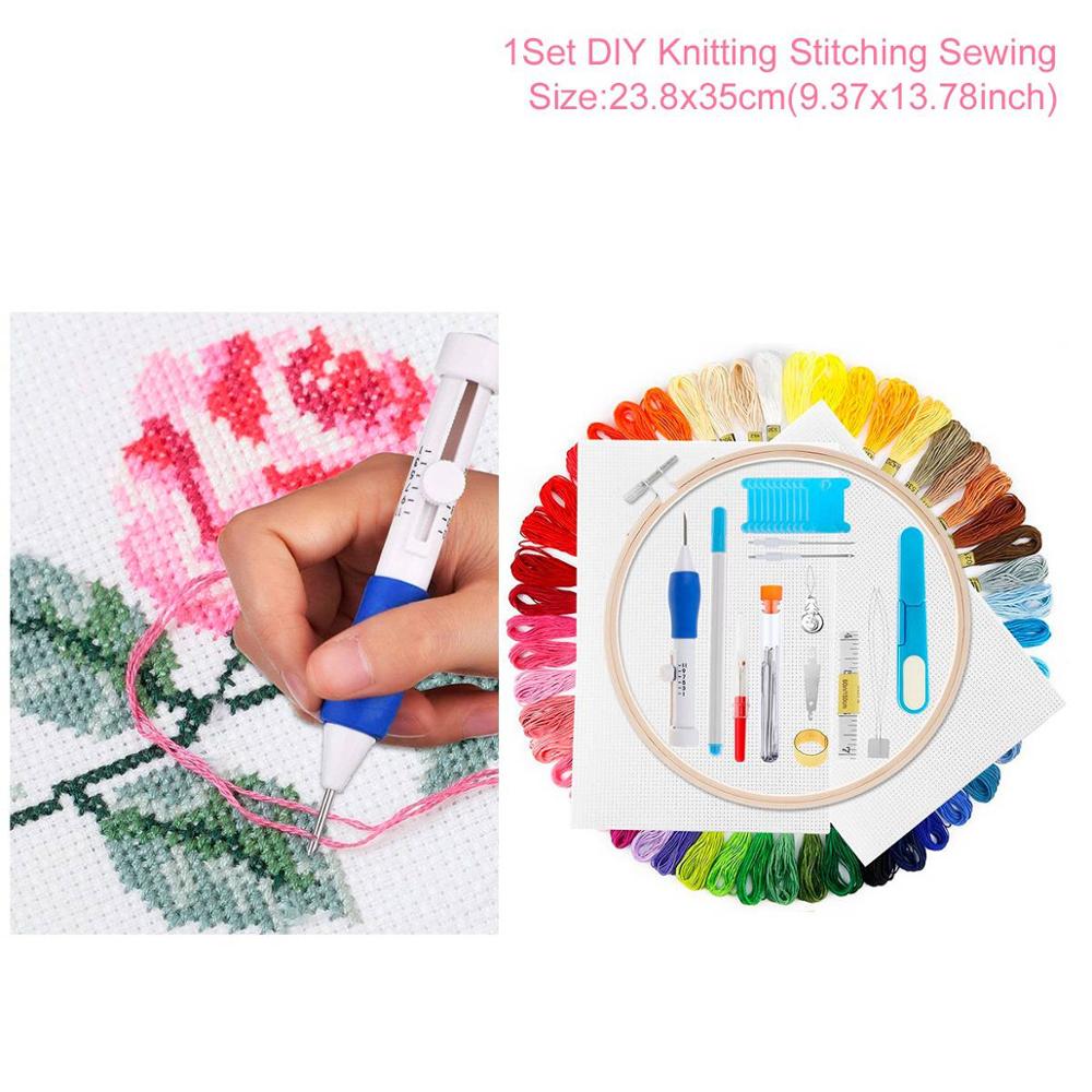Magic Embroidery Pen Punch Needle Kit Craft Embroidery Threads Cross Stitch Embroidery Hoop DIY Knitting Sewing Accessory Tools: 1 Hoop and 50 Floss