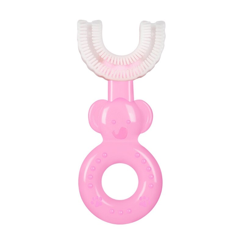 Cabeça macia da escova de dentes do silicone do produto comestível em forma de u das crianças, design oral da limpeza dos dentes de 360 ° para crianças e crianças: Pink