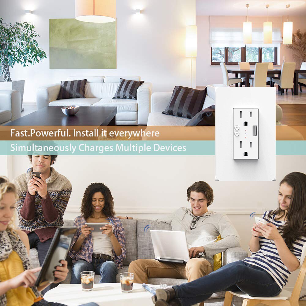 Smart WiFi Wall Outlets US 15A Electrical Socket Plug with USB Charger Tuya Control Alexa Google Home Voice Control