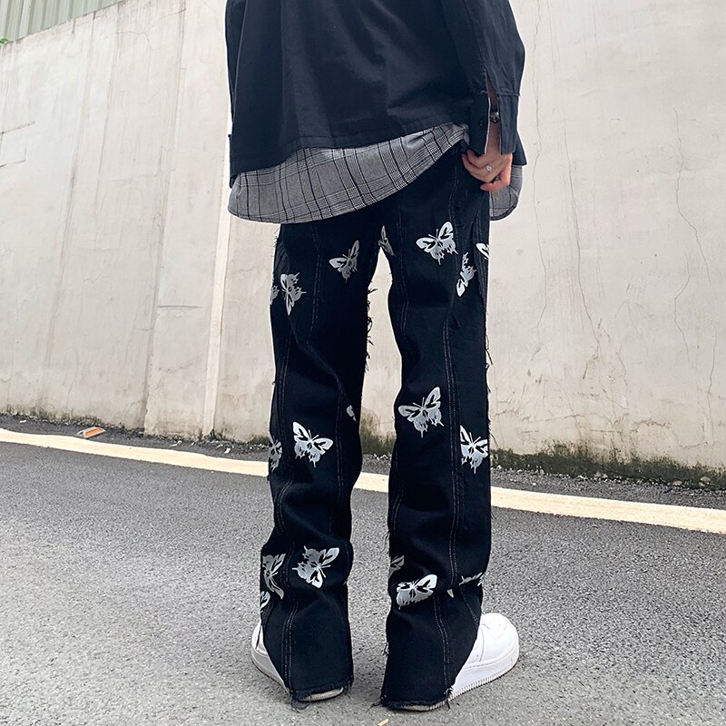 IEFB Men's Butterfly Reflective Print Tassel Harajuku Hip Hop Streetwear Black Jeans Trend Niche Denim Trousers 9Y6339