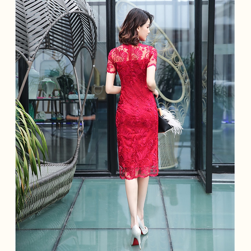 FZSLCYIYI Summer Lace Qipao Chinese Dress Short Sleeve Knee Length Cheongsam Dress Chinese Traditional Dresses