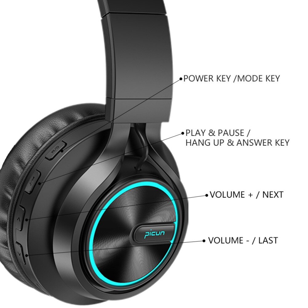 Picun B6 casque sans fil Bluetooth 5.0 HiFI stéréo casque pliable casque écouteurs lumineux LED avec micro HD Supoort TF carte