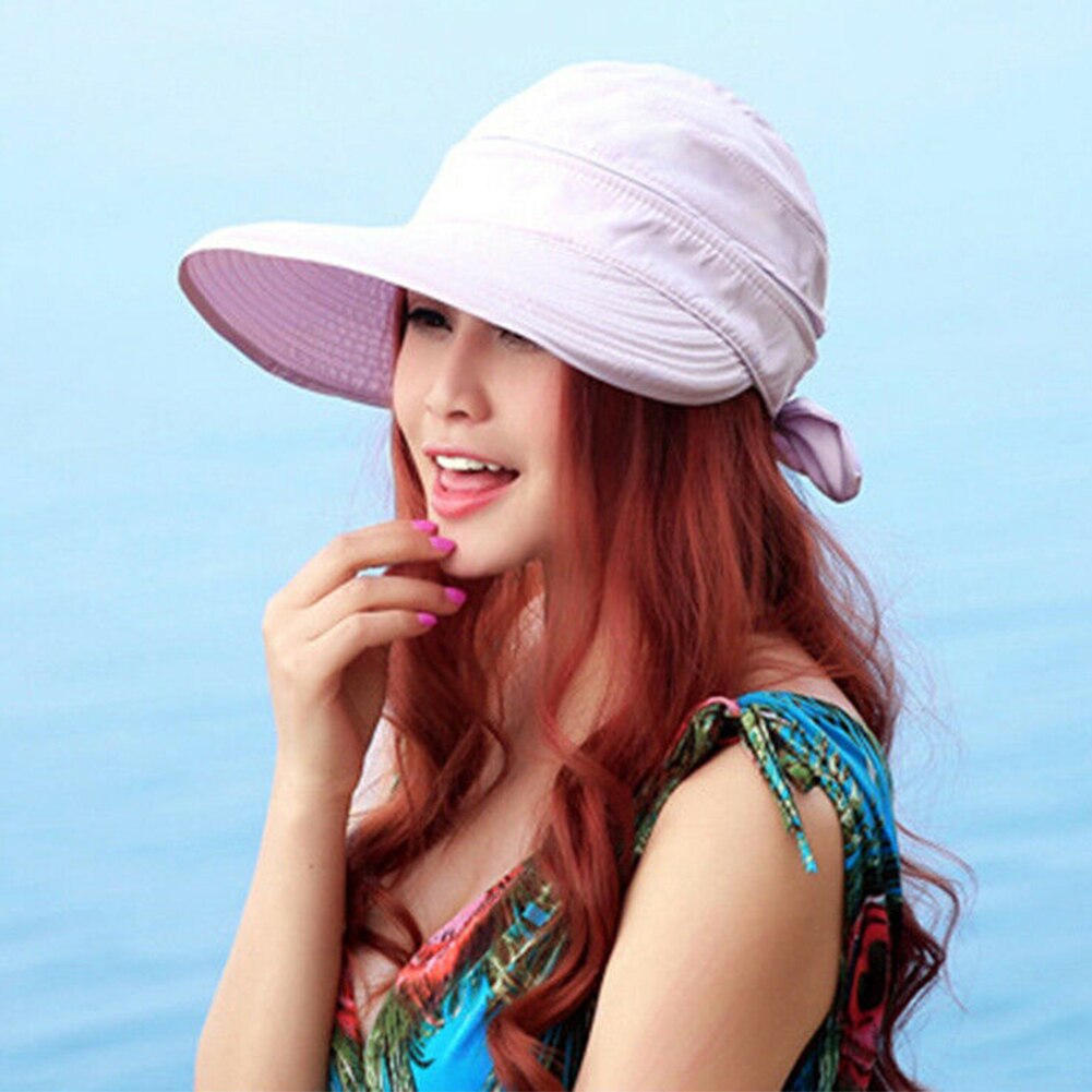 Sombrero de sol unicolor para mujer, viseras de verano a la , práctico gorro plegable con lazo de estilo coreano para viajes al aire libre