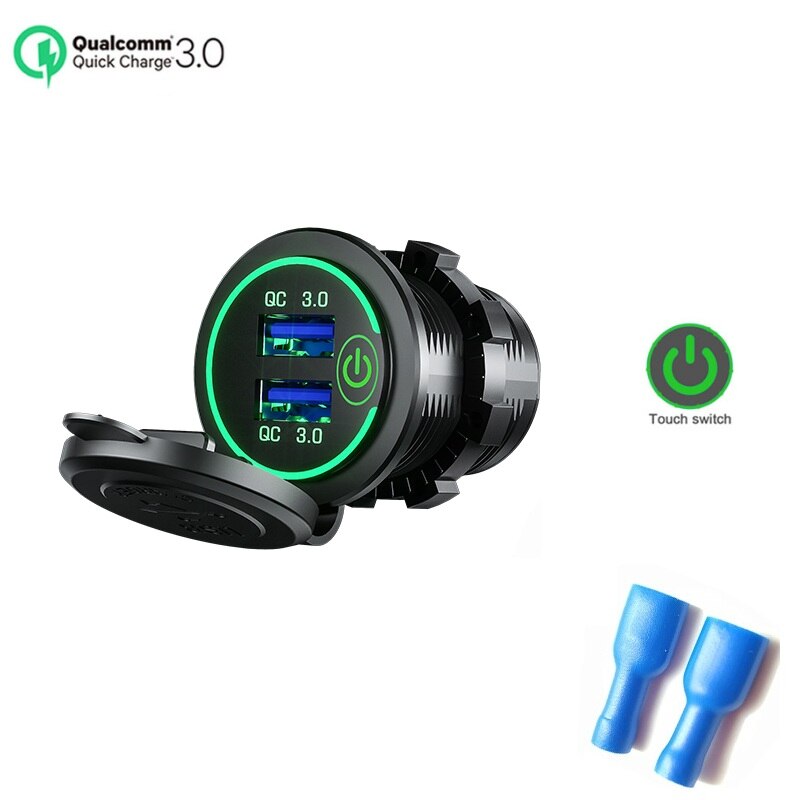 12v/24v 2 charger socket touch switch waterproof universal car truck 36w qc 3,0 plug for phone tablet camera gps: Green standard