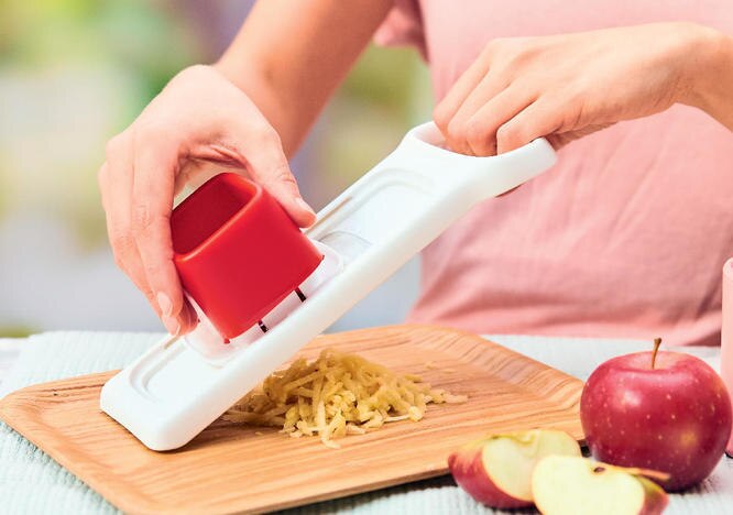 Tupperware mini rivejern mandolin, mini reibe mandolin, kok speedymando hvid-rød rivejern mandolino køkkenstjerne