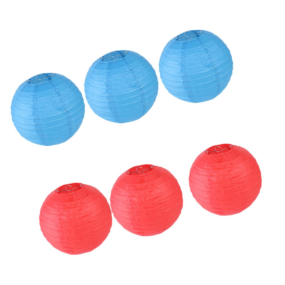 6pcs 20cm Paper Lantern Round Foldable Hanging Lantern Wedding Scene Decoration Hanging Lamp Layout Prop (Red and Blue)