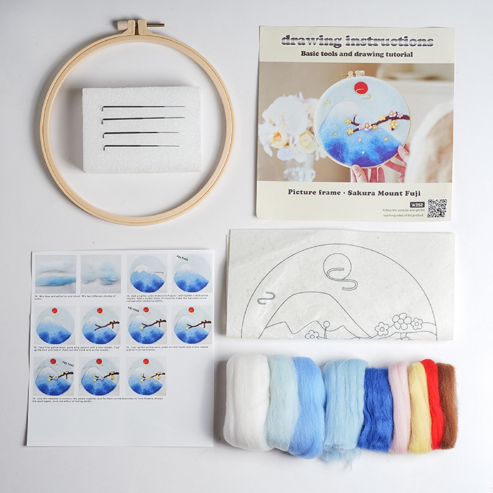 Needle Felting Kit Landscape with 8in/20cm Embroidery Hoop DIY Full Kit Unfinished Materials for Needlework Felting