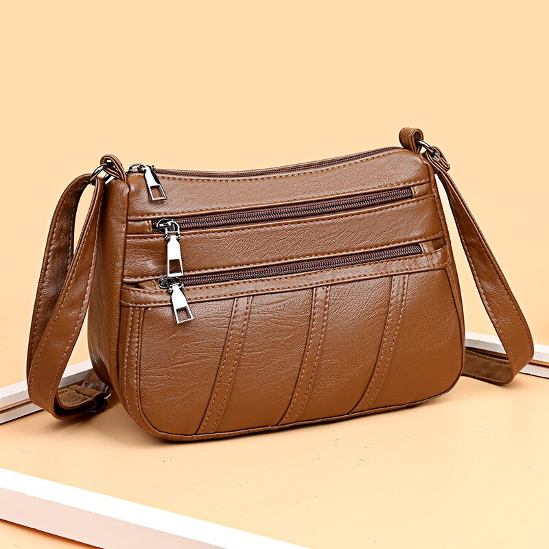 Zachte Lederen Gevoel Vrouwen Schouder Messenger Bag Mode Vrouwen Casual Multi-layer Grote Capaciteit mobiele Telefoon Tas: Bruin