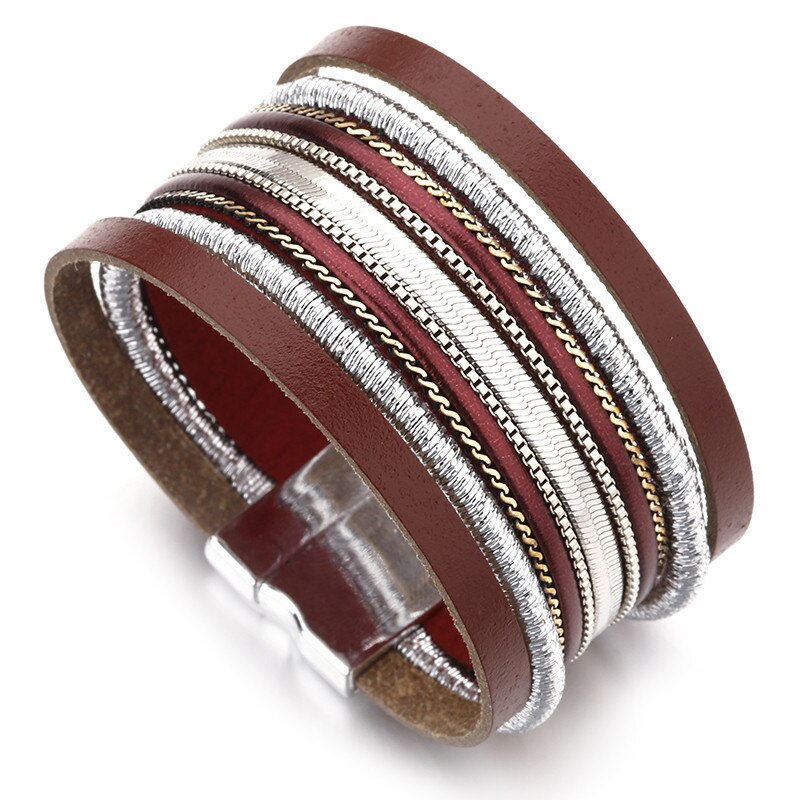 Amorcome Metalen Ketting Geplakt Op Lederen Armbanden Voor Vrouwen Vrouwelijke Vintage Bohmenian Multilayer Wide Wrap Armband Femme Sieraden: Red