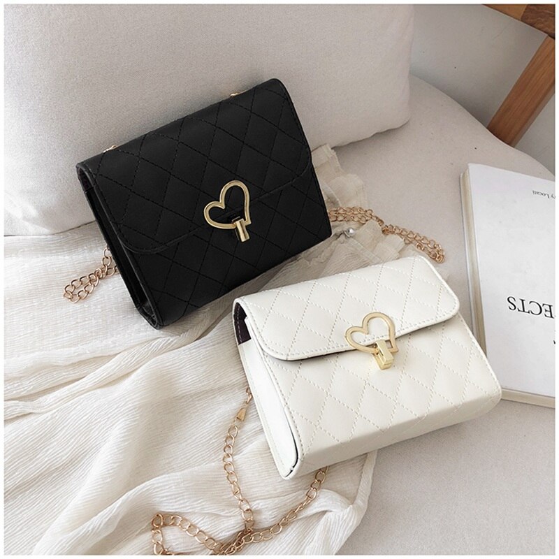 Women Lingge peach heart lock chain square PU Shoulder bag Crossbody Hand Bag Heart Messenger Chain handbag yellow