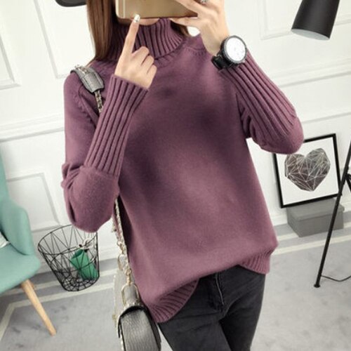 Autumn winter Women Knitted Sweaters Soft Pullovers Turtleneck Long Sleeve Solid Color Slim Elastic Short Sweater Women: Brown