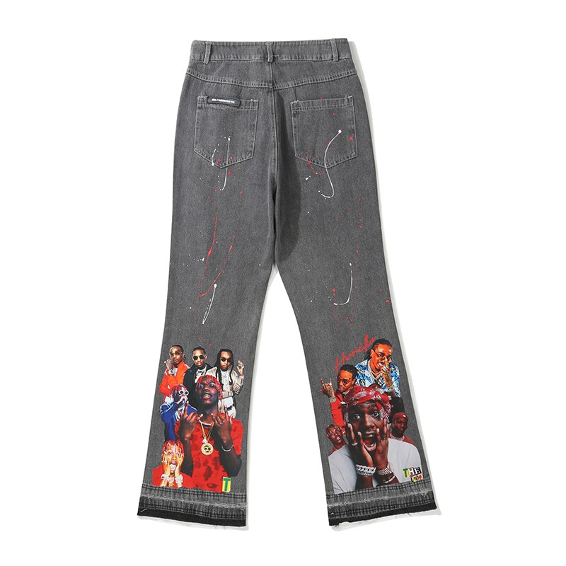 Pantalones vaqueros desgastados con estampado de salpicaduras para hombre y mujer, ropa de calle de retales de Hip Hop, corte de bota, lavado pesado, rasgados, ajustados